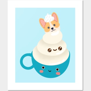 Corgi Aqua Cuppa Puppuccino Adorkablely Sweet Corgi Coffee Love Style Posters and Art